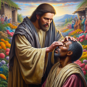 An oil painting depicting a biblical scene where Jesus, a Africa...