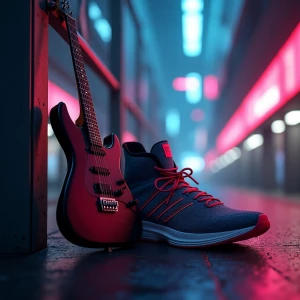 Design an image of a cyberpunk-inspired scene where a guitar is...