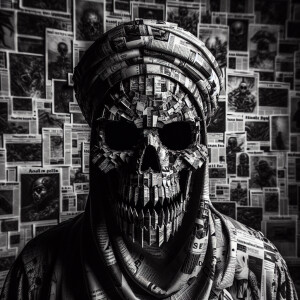 Image is a highly stylized and dramatic portrait of a person wea...