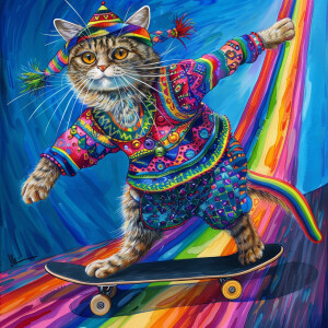 A cat skateboarding in a vibrant hippie costume adorned with rai...
