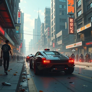 Visualize a bustling, dystopian cityscape set in the future, fea...