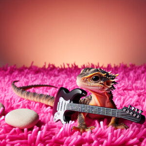 A baby dragon playing the electric guitar on a pink shag carpet.