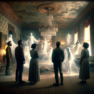 2 guys and 2 girls are standing in an abandoned mansion. They se...