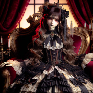 Elegant gothic lolita, beautiful lilith, red background, sitting on the throne