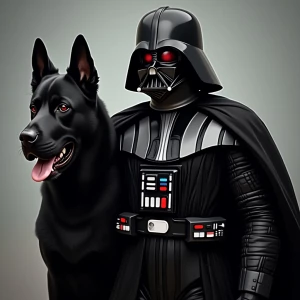 Darth Vader accompanied by his large, black Cane Corso dog with...