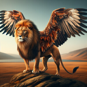 Design a creature that fuses the attributes of a lion and an eag...