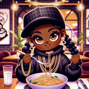 A stylish and playful dinner-time scene featuring a beautiful me...