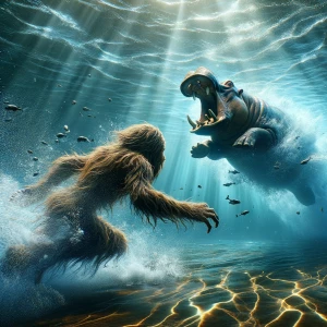 **"A hyper-realistic underwater action scene, Bigfoot being chas...