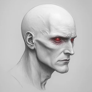 a pale, bald humanoid male with deep eye bags, hollow expression...