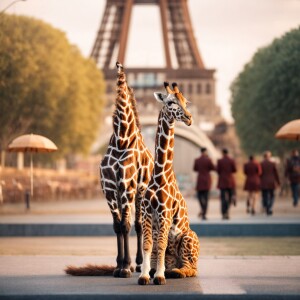 Giraffe standing in front of effiel tower