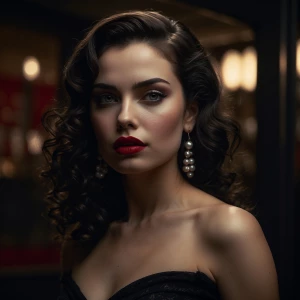 A hyper-realistic portrait of a mysterious femme fatale in class...