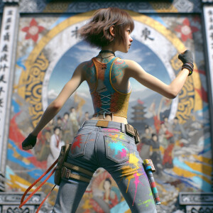 Athletic Thin skinny Attractive, Asian teenage girl, long brown hair and bangs, wearing tight skinny jeans and a halter top paint marks on her clothing, heroic pose Asian graffiti background, backside view