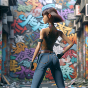 Athletic Thin skinny Attractive, Asian teenage girl, long brown hair and bangs, wearing tight skinny jeans and a halter top paint marks on her clothing, heroic pose Asian graffiti background, backside view