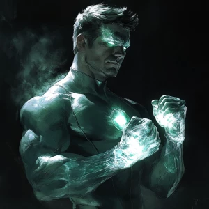a stoic figure with glowing crystalline hands, clenched fists, u...