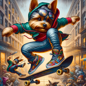 A Yorkie wearing Jeanshose and Hoody, colorful, anthropomorphic,...
