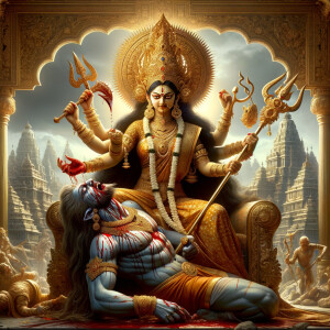 portrait of angry looking goddess durga sitting on a gold crown...