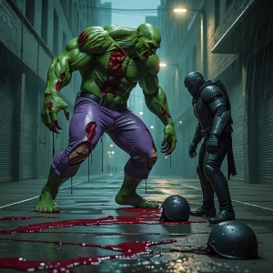 "Realistic brutal encounter between a massive green humanoid bea...
