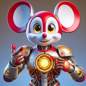 Create an image of Mickey Mouse outfitted in an Iron Man suit, c...