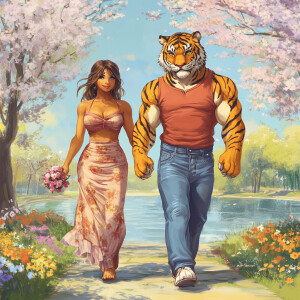 Create an image of a muscular, anthropomorphic male tiger in blu...