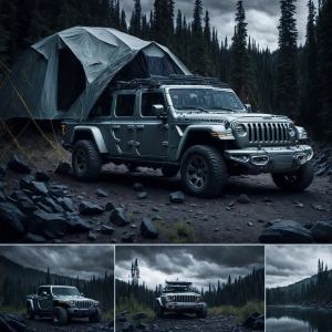 A rugged, beefed-up Jeep Gladiator with  metalic crysal gray paint equipped for off-road with an overland tent set up, housing a 60-year-old man camping beside a serene lake in a dense woodland.