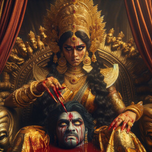 portrait of extremely angry looking goddess durga cosplayer sitting on a gold crown and carrying a weak mahishasur on her lap and poking him with her amazingly long red fingernails. She is wearing gold armor, a huge gold crown, gold saree, abundant  gold jewelry, covered in blood. The scene is set in ancient India. The image is 8K resolution, cinematic, photography, ultra detailed face and epic.