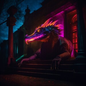 A grotesquely beautiful creature. its scales illuminated by eeri...