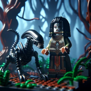 Full-body evil girl with xenomorph pet monster in Scary forest