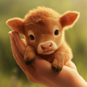A tender scene featuring a small, adorable cow, no larger than a...