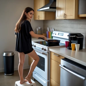 A hyper-realistic image of a petite woman with long brown hair,...