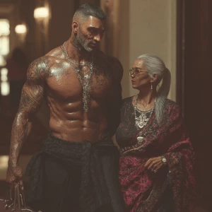 realism,.A sweaty beefy man walking with his 54 year old kashmir...