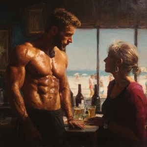 Hyperrealism,sharp painting,a muscular sweaty beefy man standing...