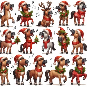 A chorus of animated the ten & stimpy  horses singing Christmas...