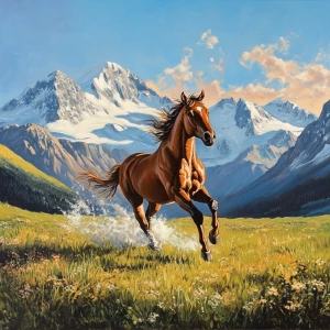 Depict a majestic horse galloping across a lush meadow with a ba...