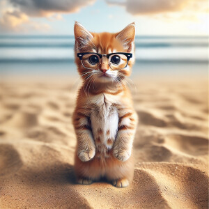 Generate an image of an adorable orange kitten wearing black gla...