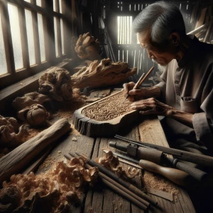 An elderly craftsman seated at a wooden workbench, carefully car...
