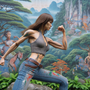 Athletic Thin skinny Attractive, Asian teenage girl, long brown hair and bangs, wearing tight skinny jeans and a halter top paint marks on her clothing, heroic pose Asian graffiti background, side view