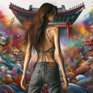 Attractive, Asian teenage girl, long brown hair and bangs, wearing tight skinny jeans and a halter top paint marks on her clothing, backside view heroic pose Asian graffiti