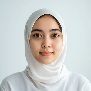 A 21-year-old Malaysian woman with a clean face, looking directl...