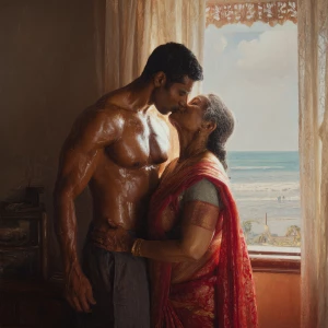 Create a hyperrealism painting of a muscular, sweaty Indian man...