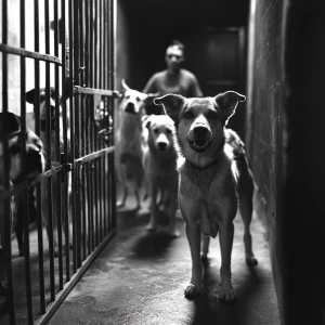 A group of dogs vocally responding to an African-American indivi...
