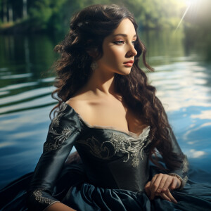 Capture the elegance of a fair-skinned woman with dark long hair...