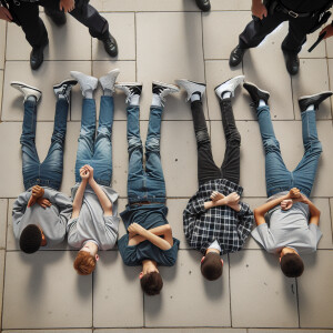 6 white male young teens, laying "face down" on the ground on a...
