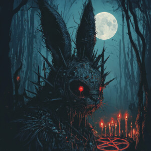 A dark and eerie digital illustration of a demonic rabbit in a m...