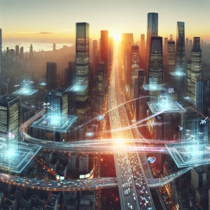 A lively aerial view of a futuristic city during rush hour. Stre...