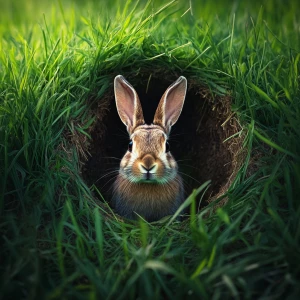 create an image of a rabbit coming out of a hole in a grassy fie...