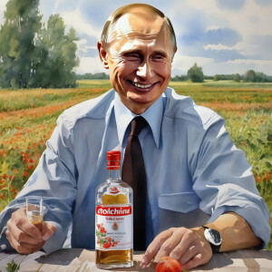 Vladimir Putin stays in the field with the bottle of Stolichnaya vodka and smiles