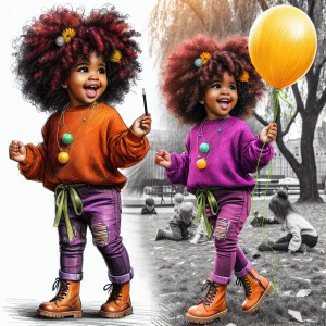 A brown-skinned African American toddler girl with big curly red...