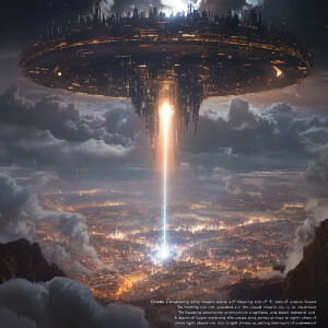 "Create a breathtaking sci-fi scene of a massive, hovering ring-...
