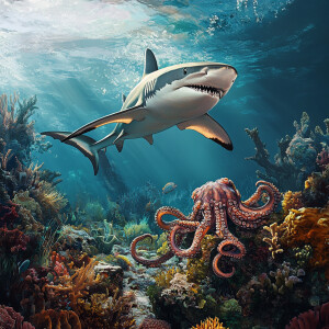 Create a scene where a shark swims gracefully through the ocean...