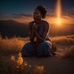 A weary negro woman kneeling in prayer at dawn, her face lifted...